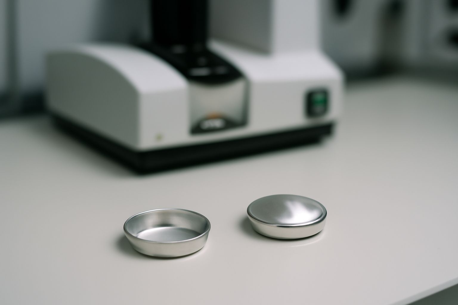 DSC aluminum pans used in material science laboratory for precise thermal analysis of polymers, metals, and ceramics