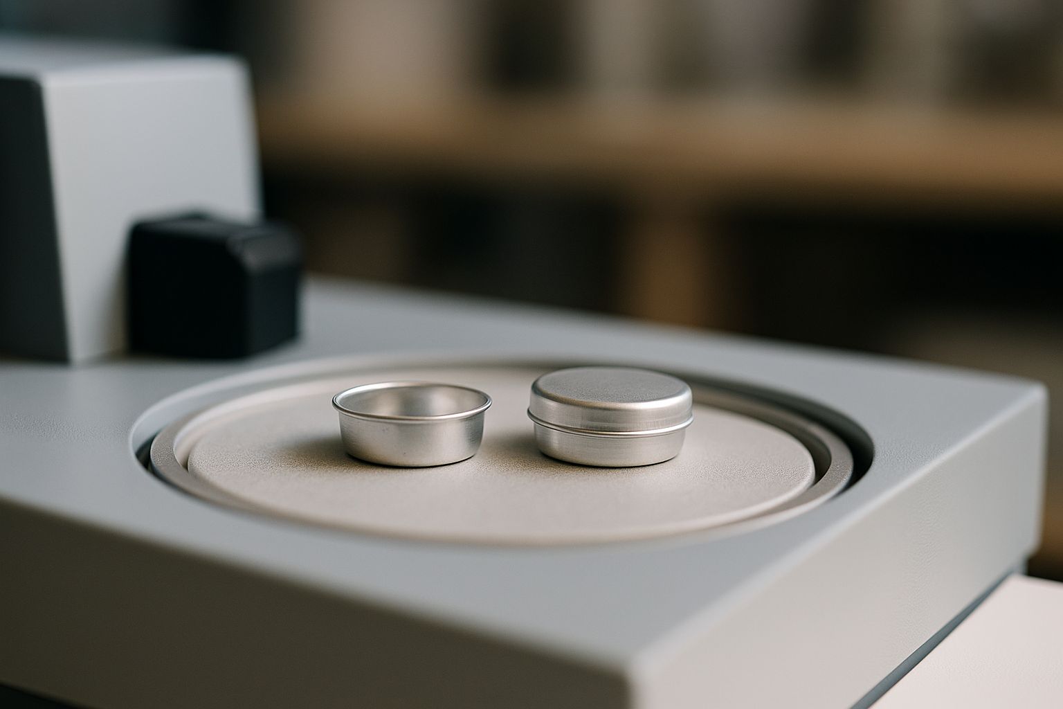 Close-up of a research-grade aluminum crucible placed on a differential scanning calorimeter, showing realistic laboratory setup and equipment depth of field Close-up of a research-grade aluminum crucible placed on a differential scanning calorimeter, showing realistic laboratory setup and equipment depth of field