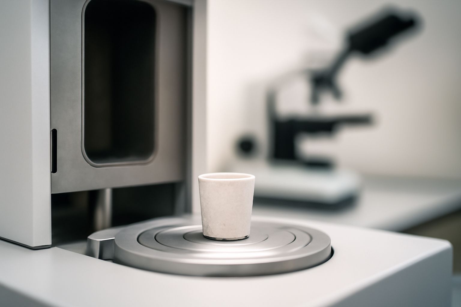ALT: Laboratory scientist checking crucible compatibility with high-temperature analysis instrument for accurate testing
