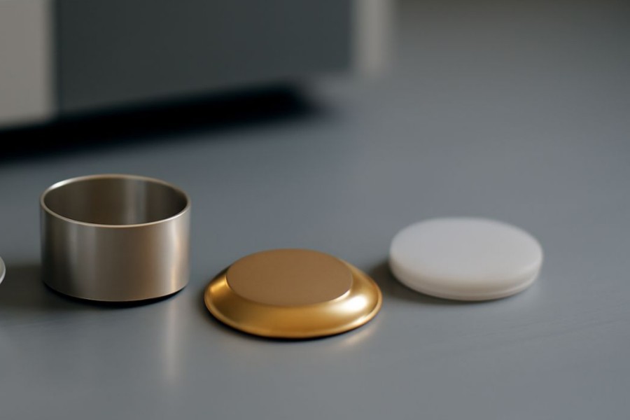 Close-up of aluminum and platinum DSC pans showing material, dimensions, and sealing types for compatible thermal analysis Close-up of aluminum and platinum DSC pans showing material, dimensions, and sealing types for compatible thermal analysis