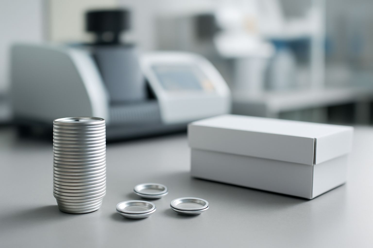 High-purity DSC sample pans compatible with polymer testing instruments displayed for laboratory use