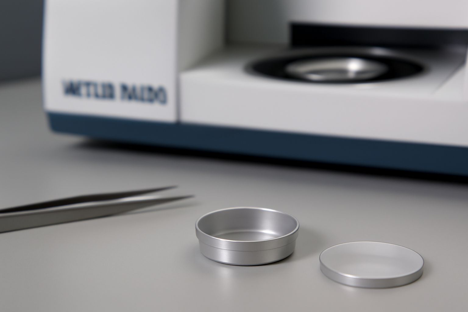 Mettler Toledo DSC sample pans in various standard sizes arranged on a laboratory table for thermal analysis.