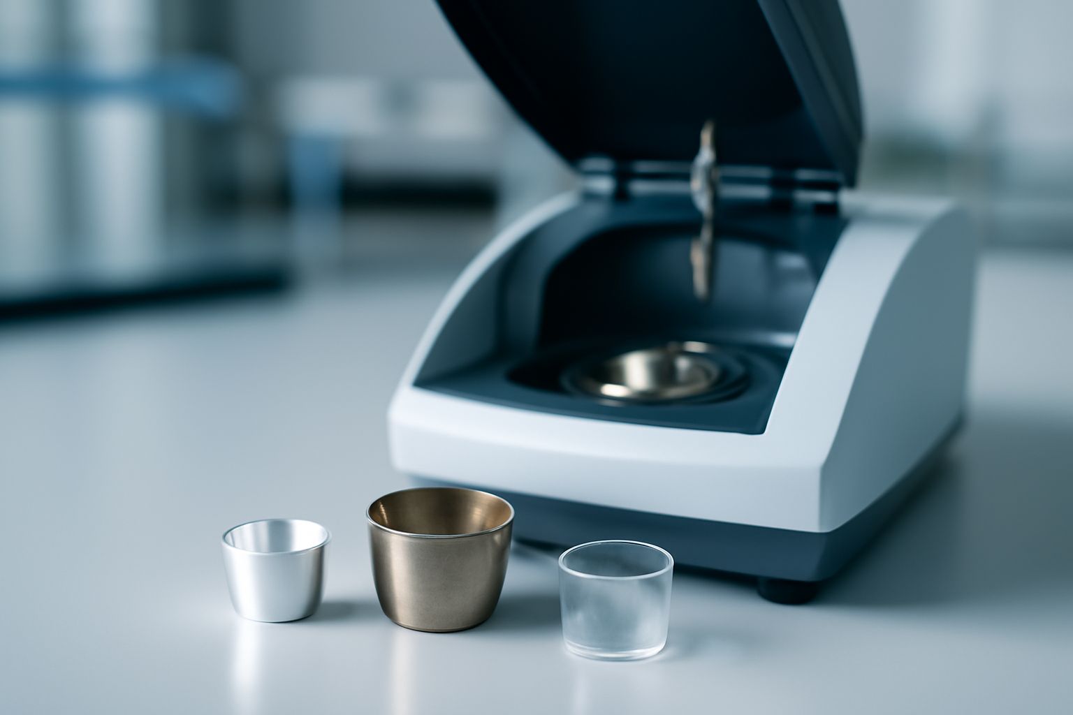 Various thermal analysis crucibles including platinum, aluminum, and sapphire types for high-precision laboratory testing Various thermal analysis crucibles including platinum, aluminum, and sapphire types for high-precision laboratory testing