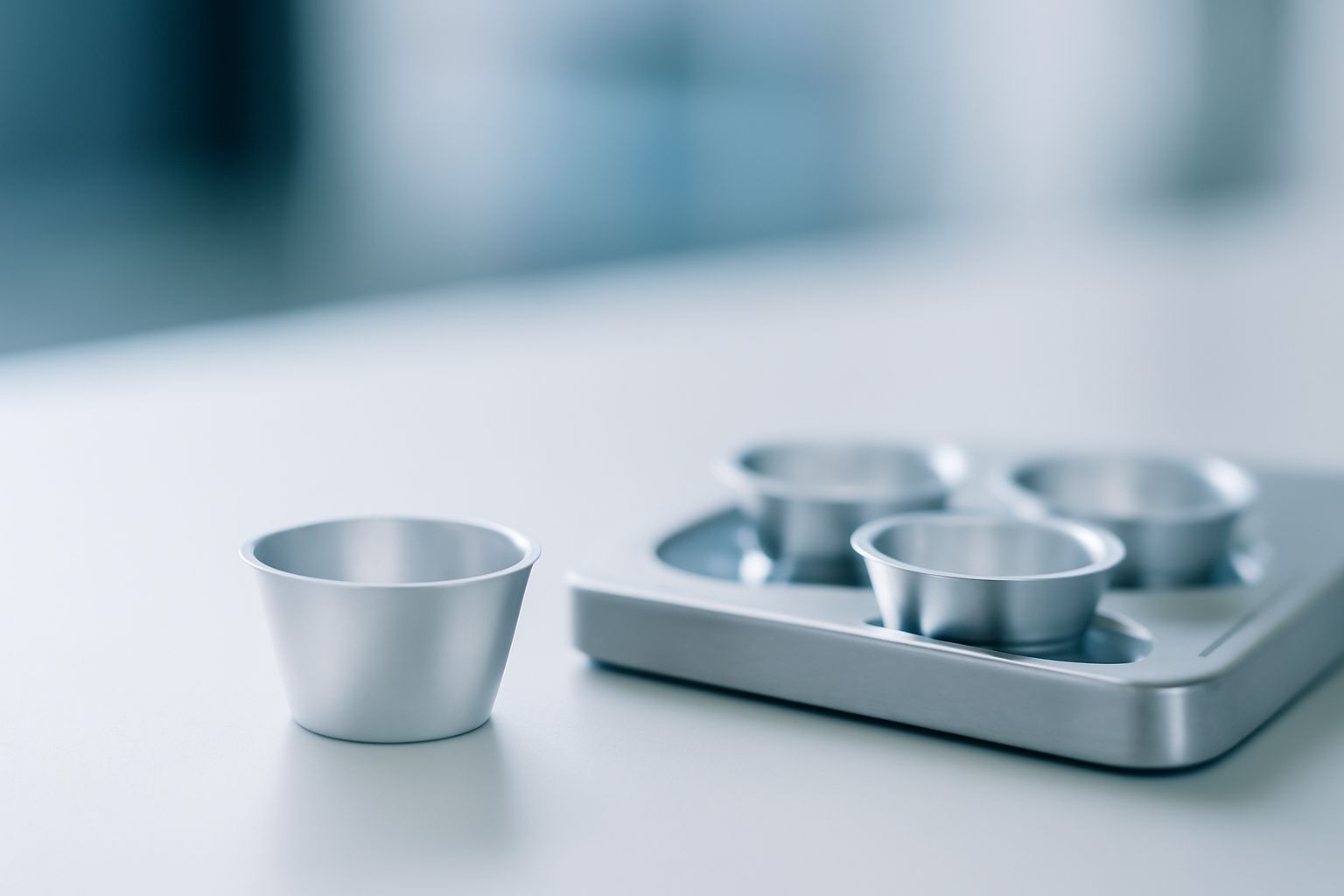 High-purity aluminum DSC pans for polymer research on a laboratory table High-purity aluminum DSC pans for polymer research on a laboratory table