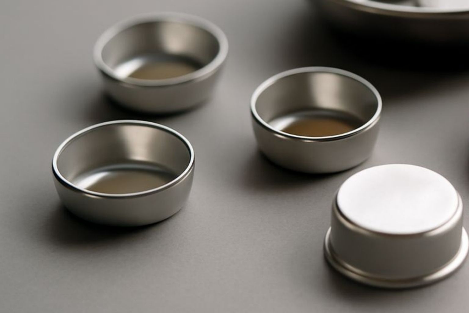 Close-up of DSC pans and accessories, showcasing different materials and sizes for thermal analysis experiments.