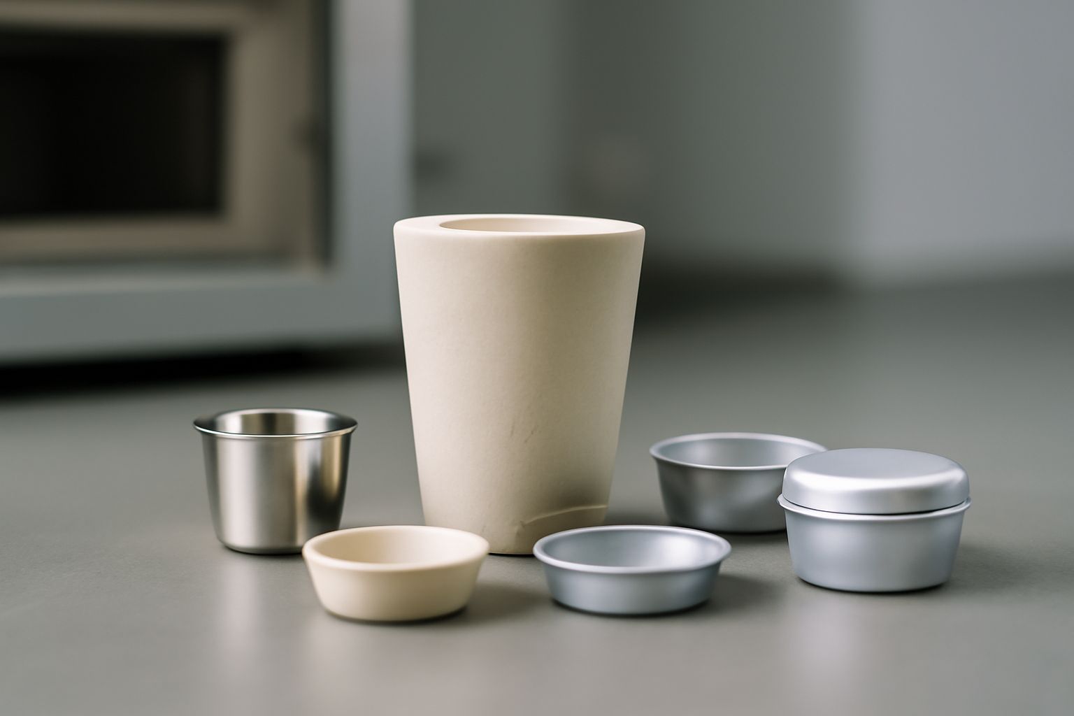 ALT: Variety of high-temperature crucibles for TGA, DSC, aerospace, polymer, and environmental testing in a laboratory setting ALT: Variety of high-temperature crucibles for TGA, DSC, aerospace, polymer, and environmental testing in a laboratory setting