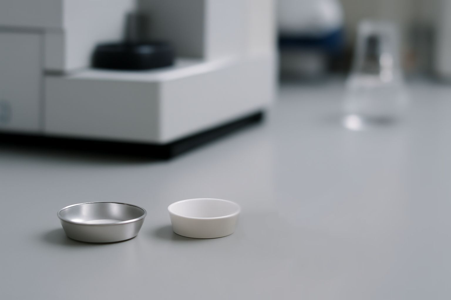 Sample pan specifications for pharmaceutical DSC analysis, highlighting material properties, thermal range, and purity.