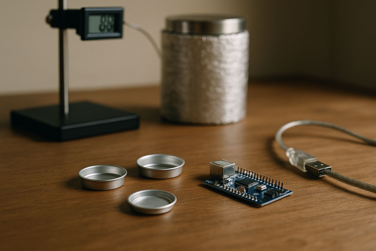 Assorted thermal analysis consumables including pans, crucibles, and sealing lids used by material scientists for accurate laboratory testing.