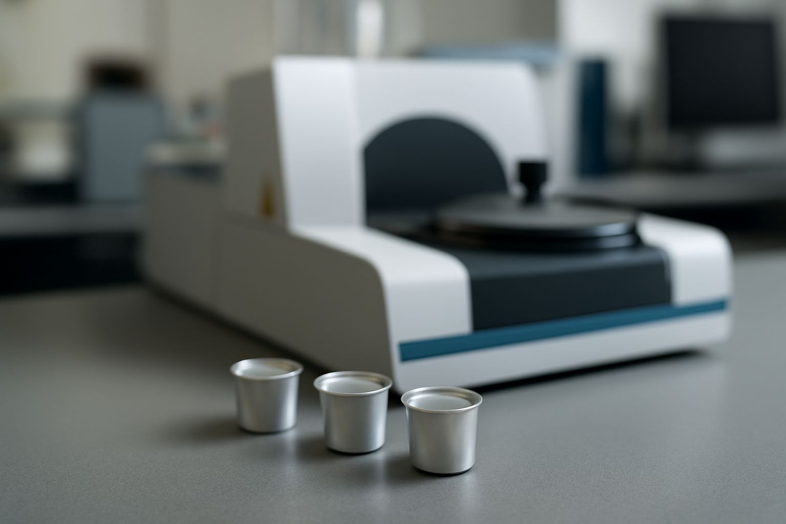 Industrial laboratory technicians using DSC crucibles for precise thermal analysis and material testing Industrial laboratory technicians using DSC crucibles for precise thermal analysis and material testing