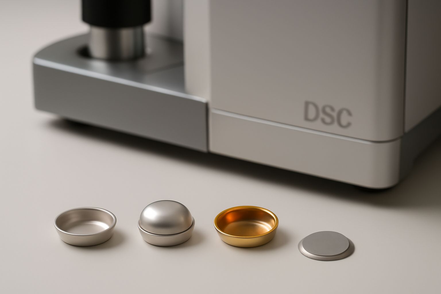 Different types of DSC sample pans for TA Instruments, including platinum, hermetic, high-pressure, and low-volume pans, for various laboratory applications
