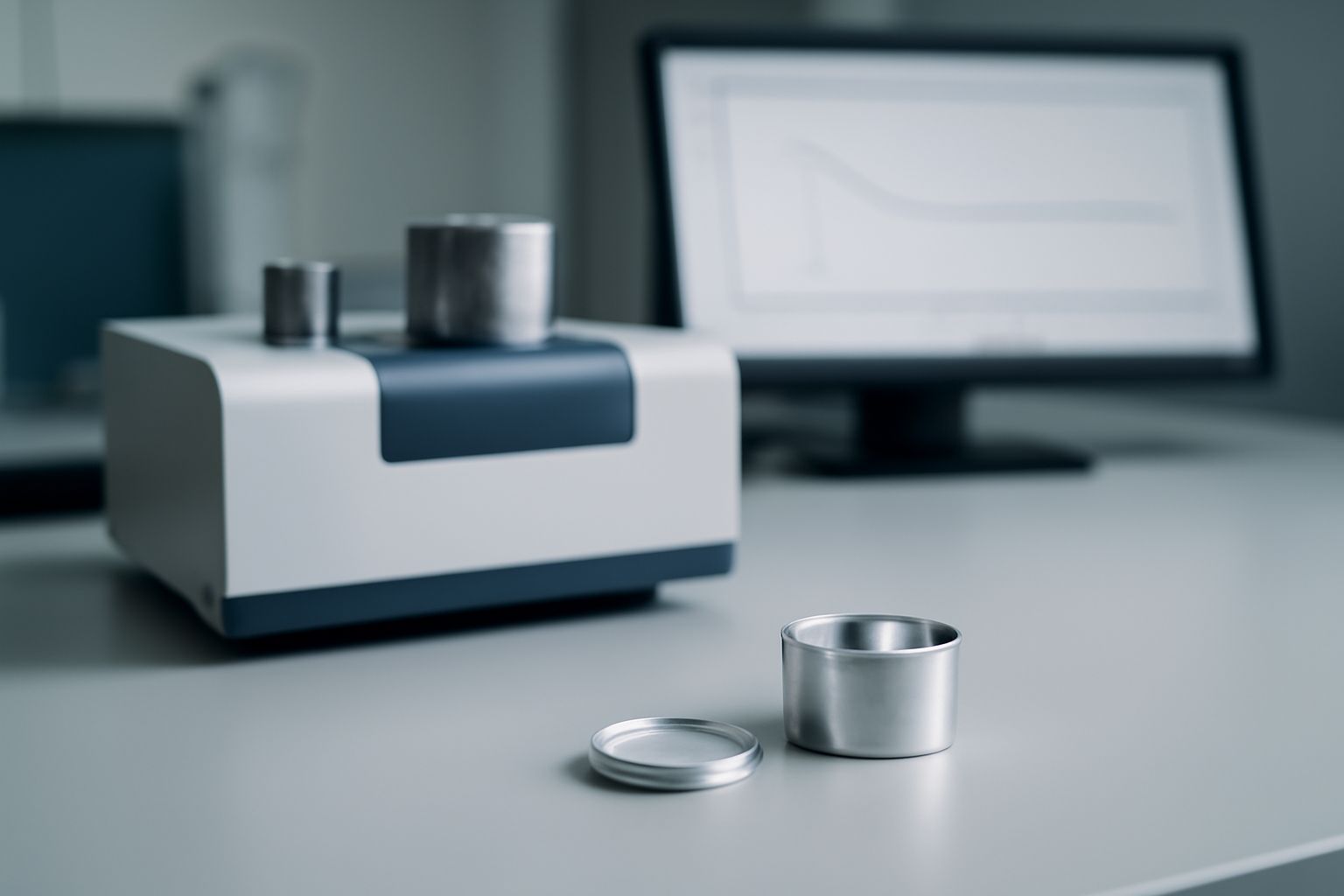 Thermal analysis laboratory sample containers, DTA pans, and modern research equipment on a white background