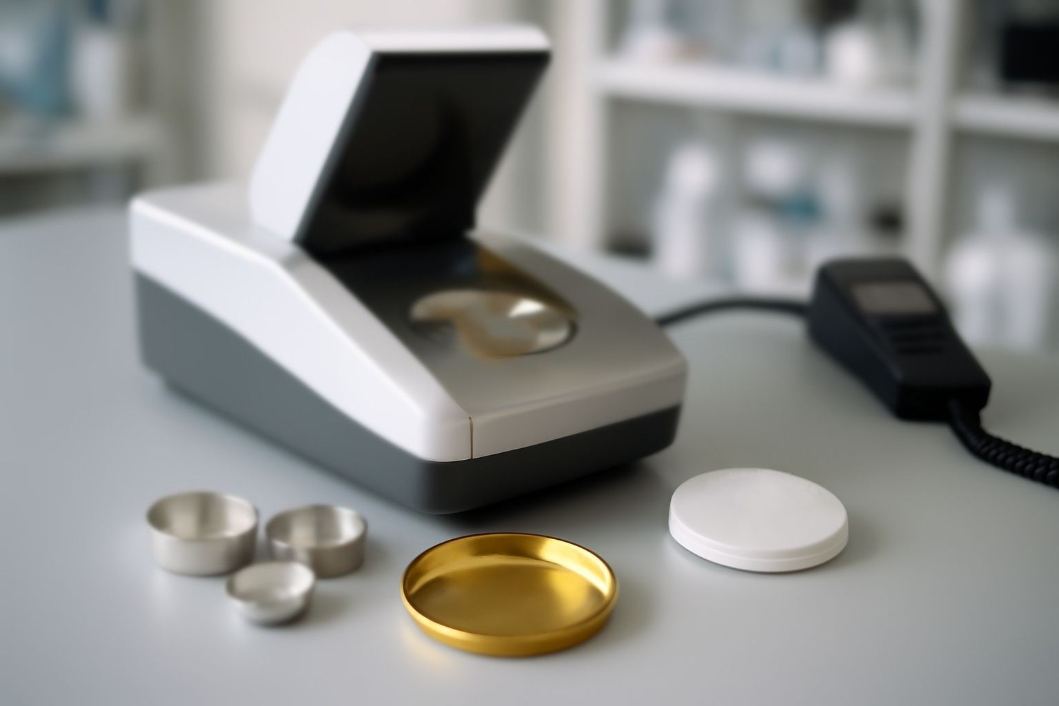 Close-up view of personal lab thermal analysis accessories including sample pans, gloves, and a microscope on a clean laboratory surface. Close-up view of personal lab thermal analysis accessories including sample pans, gloves, and a microscope on a clean laboratory surface.
