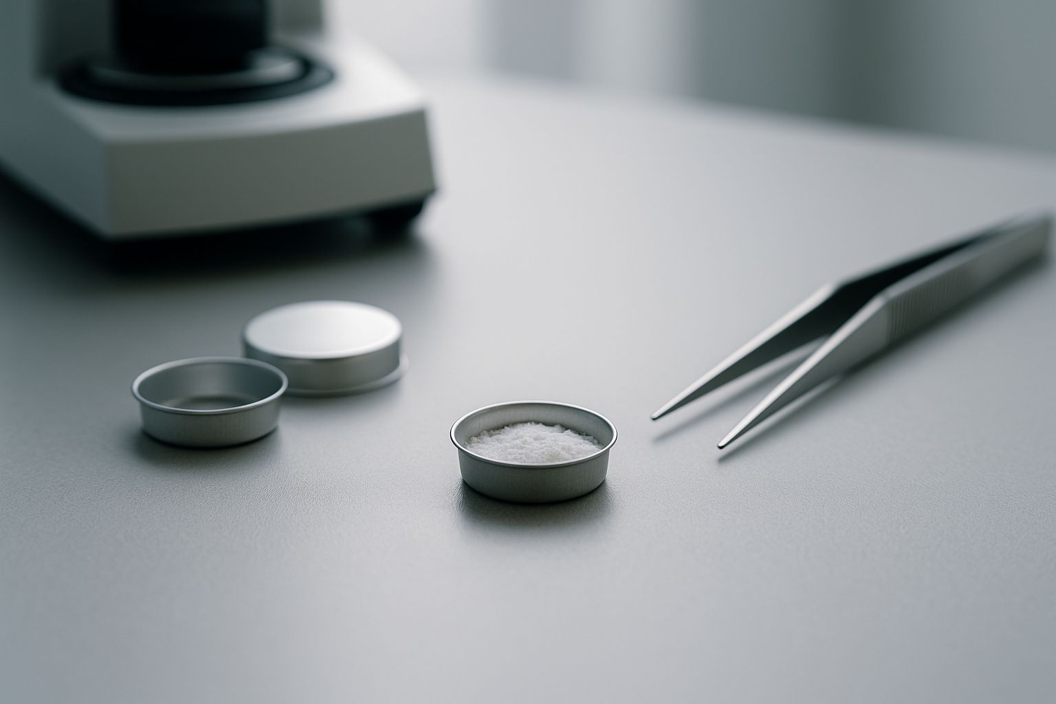 Assorted DSC sample pans for polymers, pharmaceuticals, and food analysis on a clean lab surface Assorted DSC sample pans for polymers, pharmaceuticals, and food analysis on a clean lab surface