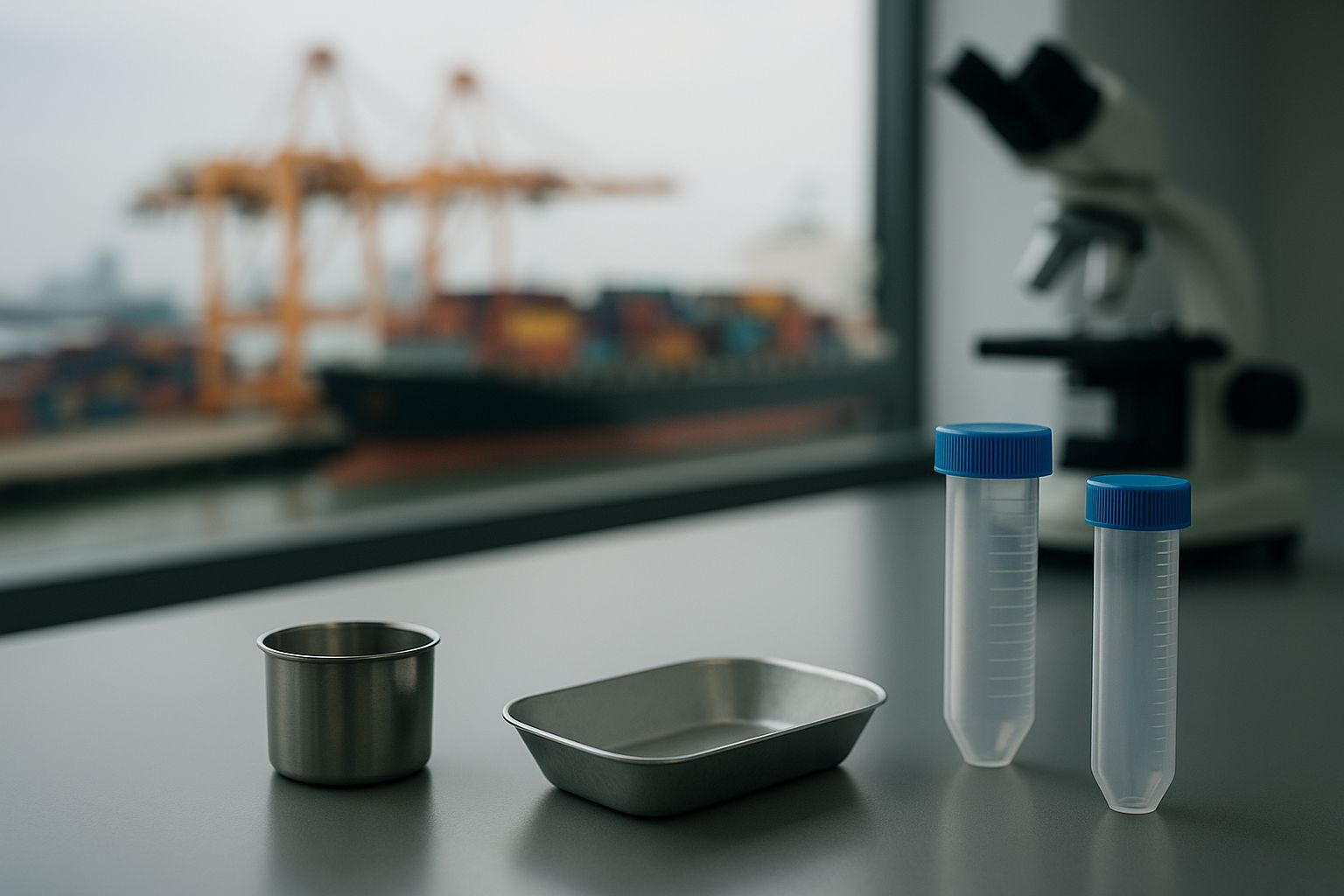Global supply chain disruption concept with laboratory equipment and test consumables impacted by geopolitical factors.