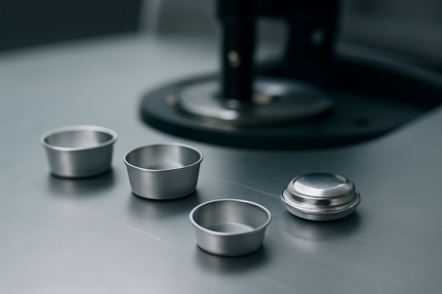 High-purity aluminum and platinum sample pans compatible with TA Instruments DSC systems, featuring various lid types and sizes for precision thermal analysis
