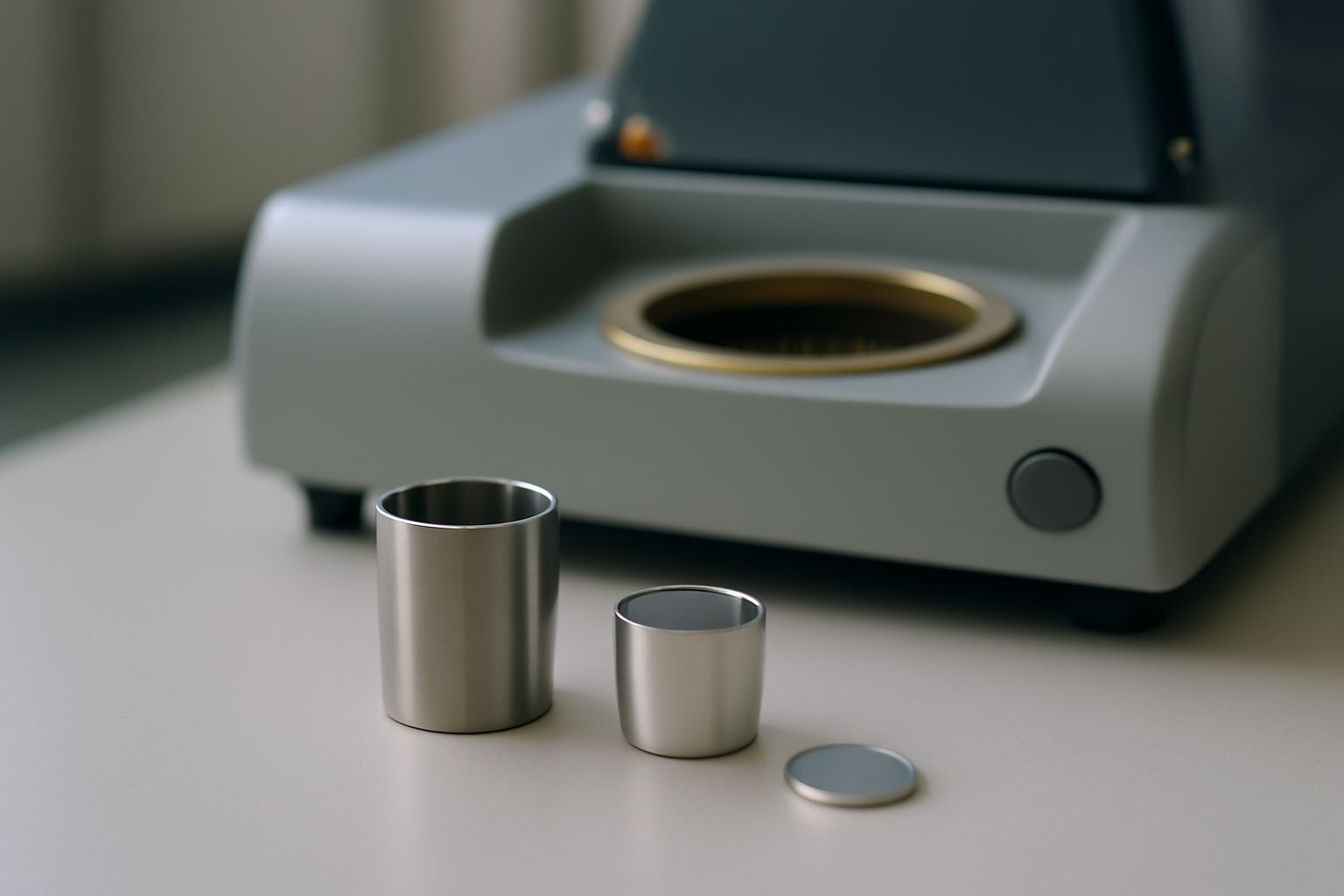 Technical parameters of differential thermal analysis crucible, showing platinum and aluminum sample pans used in laboratory thermal analysis Technical parameters of differential thermal analysis crucible, showing platinum and aluminum sample pans used in laboratory thermal analysis