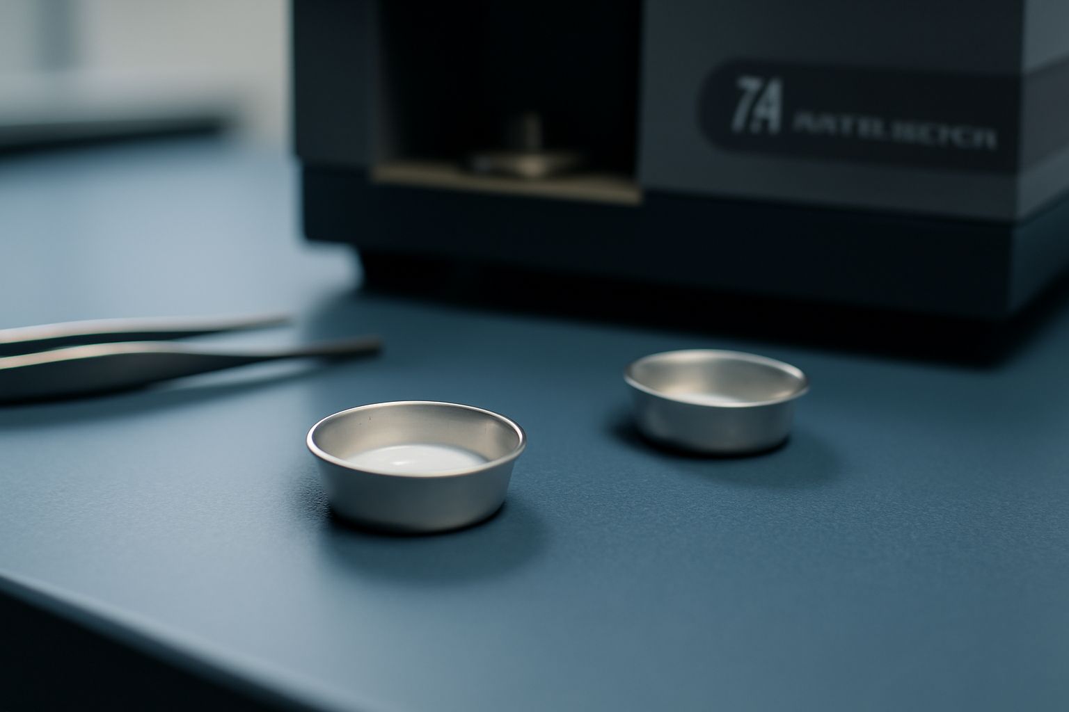 Lab technician checking TA Instruments disposable sample pans for damage and proper fit before thermal analysis testing Lab technician checking TA Instruments disposable sample pans for damage and proper fit before thermal analysis testing