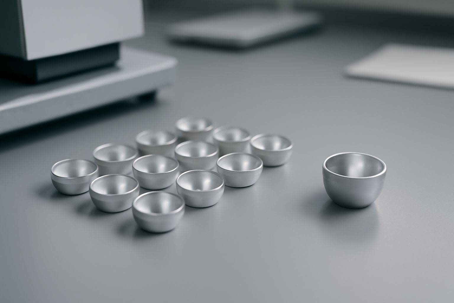 High-quality DSC sample crucibles neatly arranged in a laboratory setup, ready for use in experiments. High-quality DSC sample crucibles neatly arranged in a laboratory setup, ready for use in experiments.