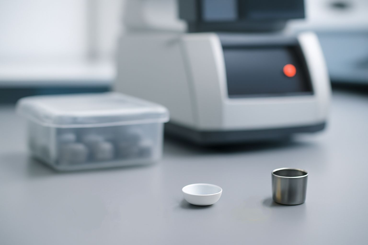 DSC sample pans and accessories for polymer and pharmaceutical thermal analysis in a personal laboratory setup.