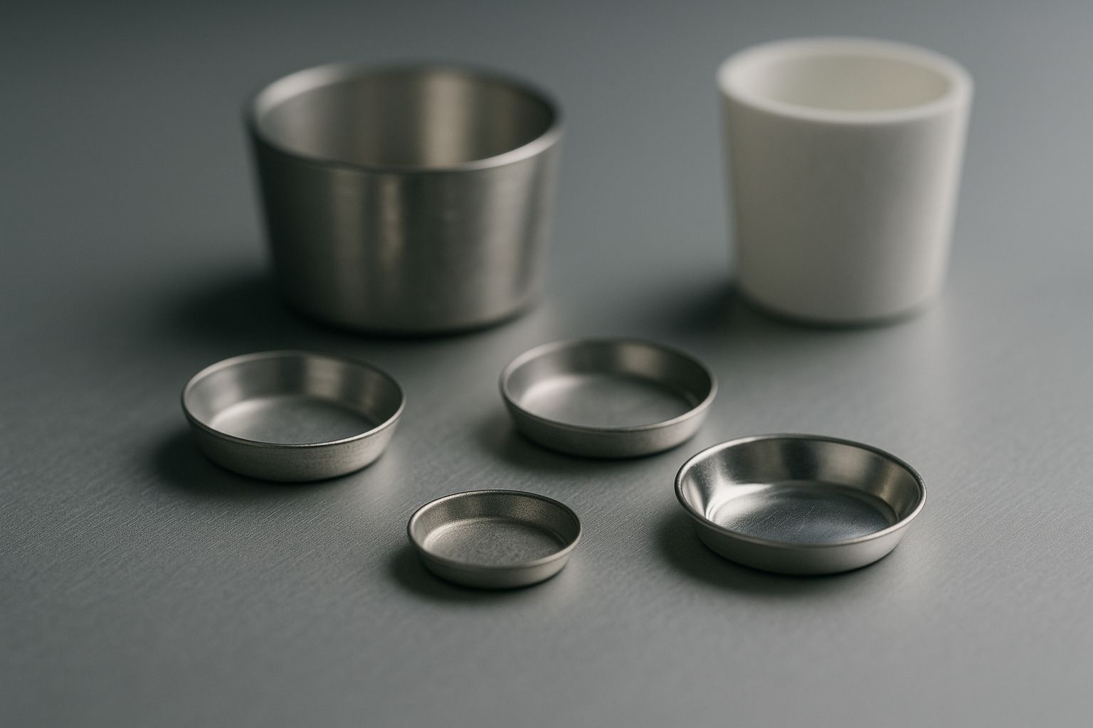 Premium sample pans and crucibles showing high-purity material, precise dimensions, and smooth surface finish for accurate thermal analysis