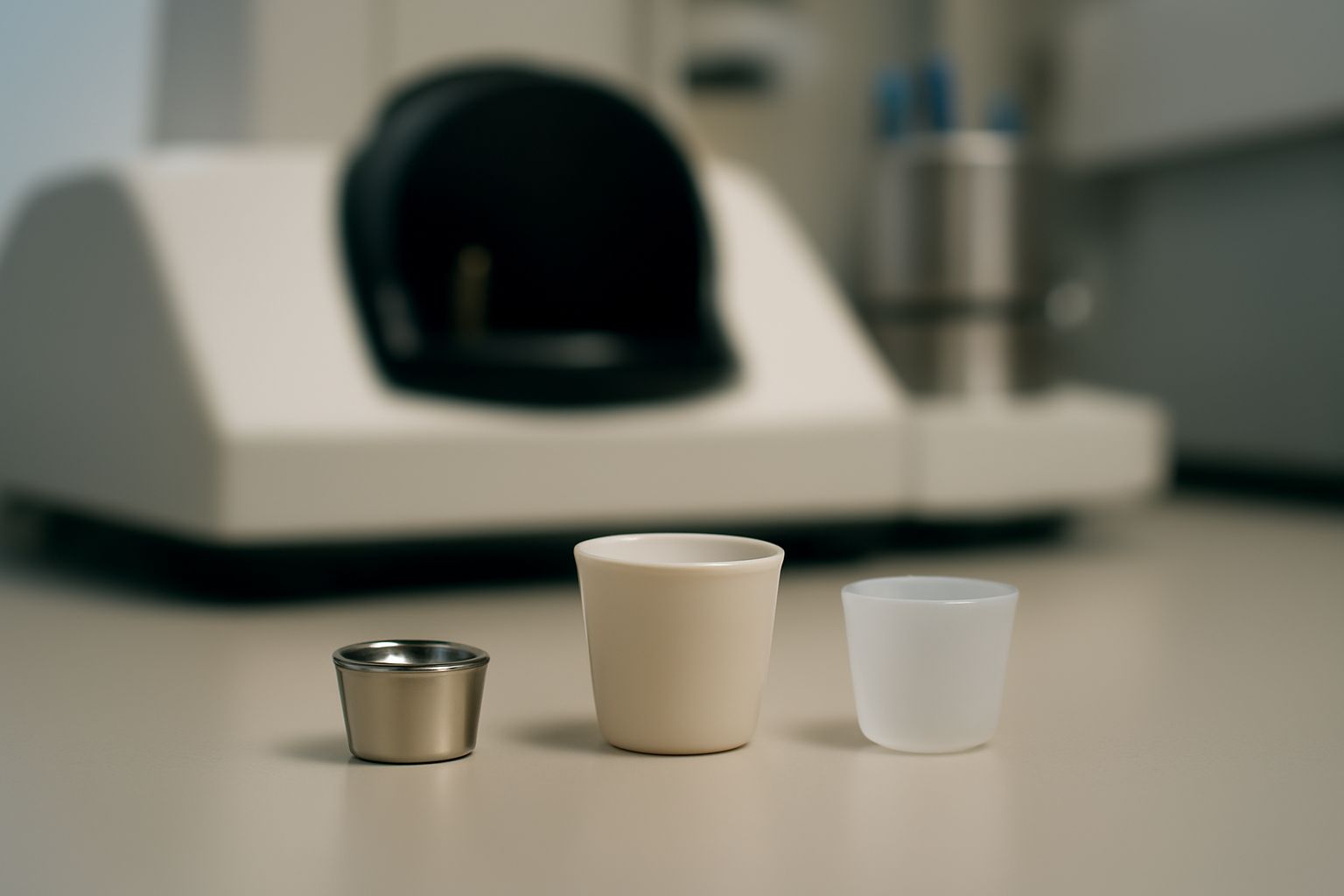High-temperature analysis crucibles showing material types and precision dimensions for laboratory use