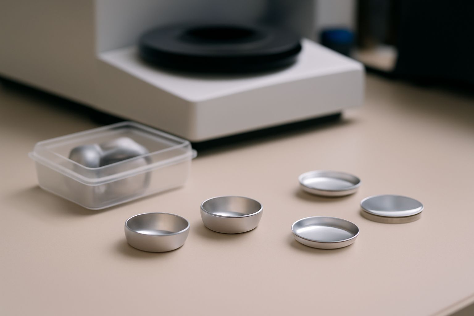Discount DSC crucibles placed on a laboratory workbench for academic use in thermal analysis experiments. Discount DSC crucibles placed on a laboratory workbench for academic use in thermal analysis experiments.