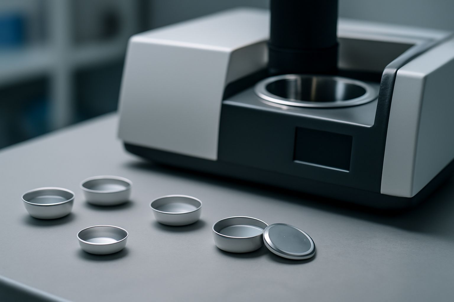ALT: Researchers using DSC thermal analysis sample pans for advanced materials science experiments in the laboratory