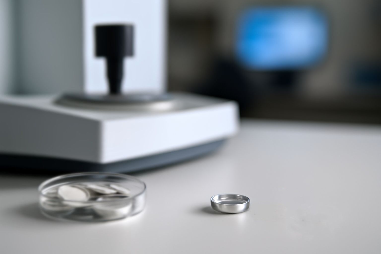 Close-up view of multi-brand compatible DSC sample pans on a light gray surface, highlighting their simple and functional design.