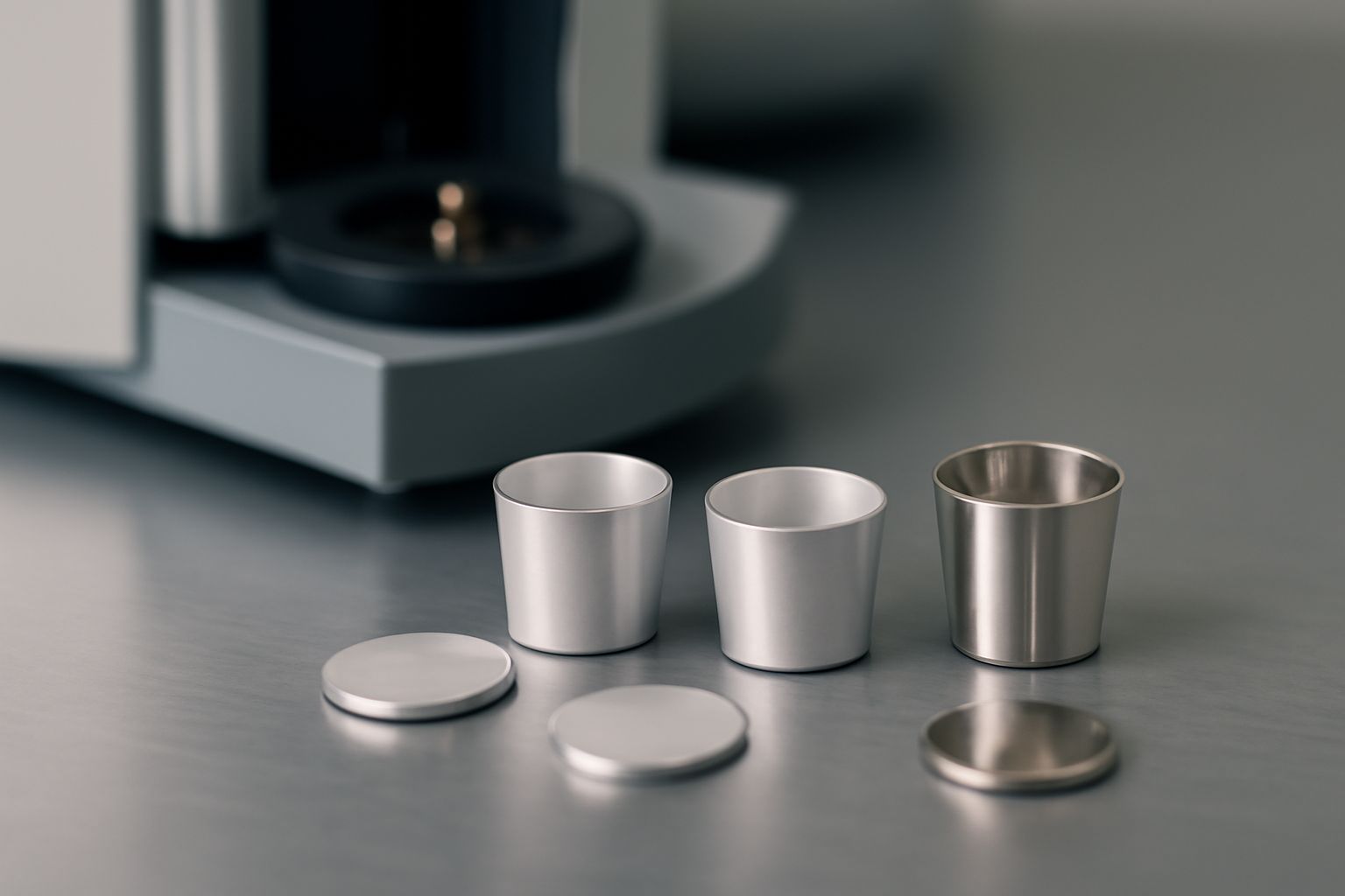 Close-up of three research-grade DSC crucibles on a metallic heating stage, with a blurred laboratory background, showcasing their design and precision