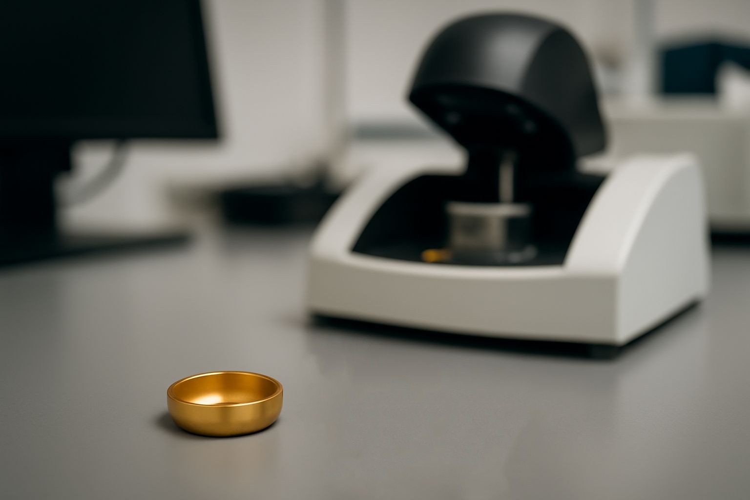 Thermal analysis laboratory accessories including DSC and TGA sample pans, crucibles, and holders on a laboratory workbench Thermal analysis laboratory accessories including DSC and TGA sample pans, crucibles, and holders on a laboratory workbench