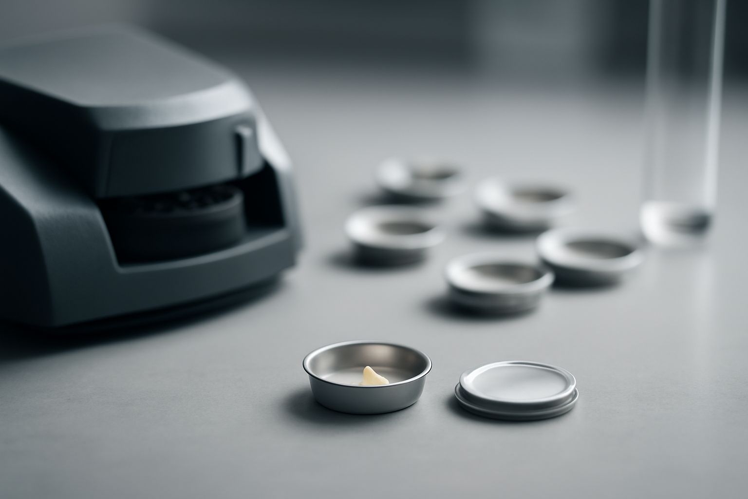 Differential Scanning Calorimetry pans arranged for laboratory thermal analysis in material science research.